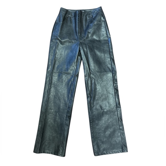 PrettyLittleThing Black Faux Leather Straight Leg Trousers NWT - Picture 2 of 7